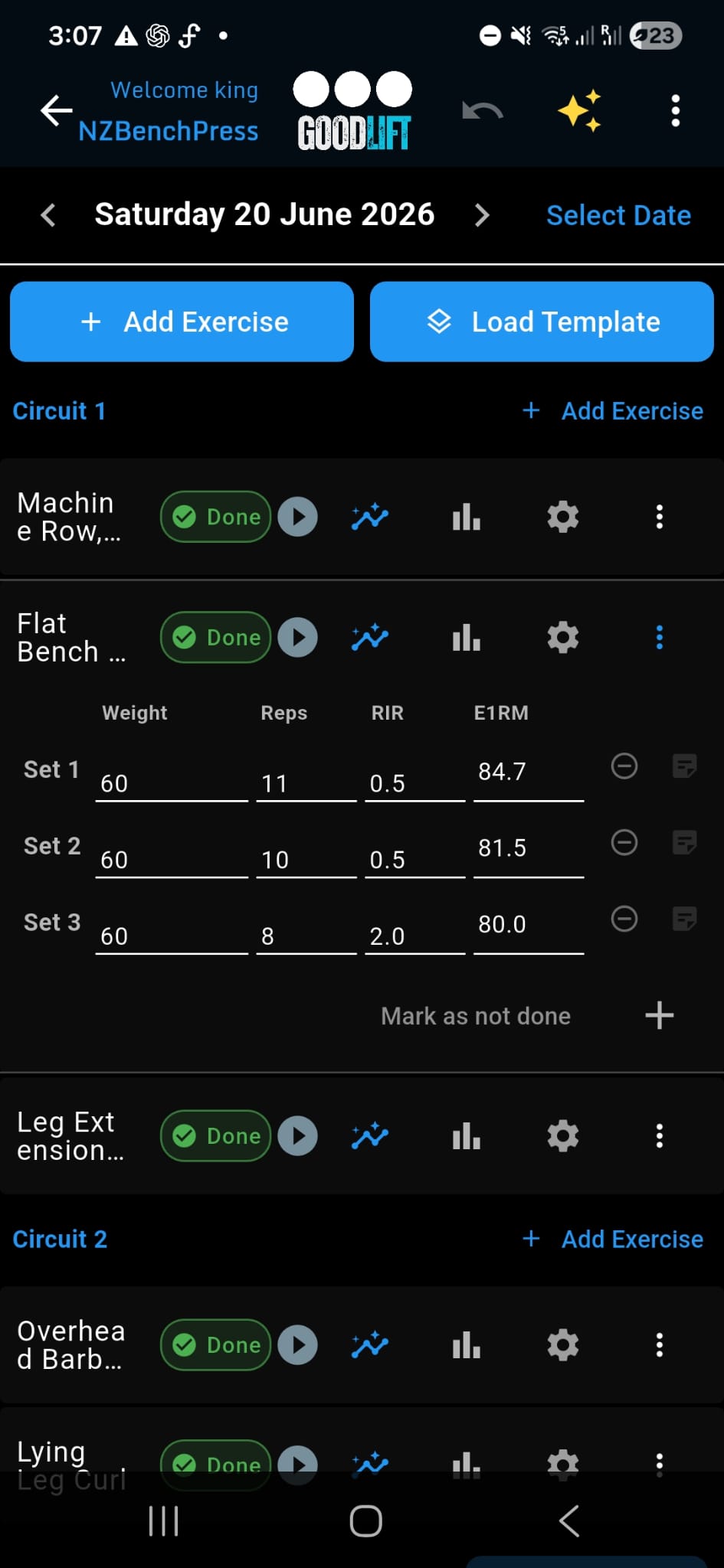 GoodLift workout entry screen showing weight, repetitions and RIR tracking