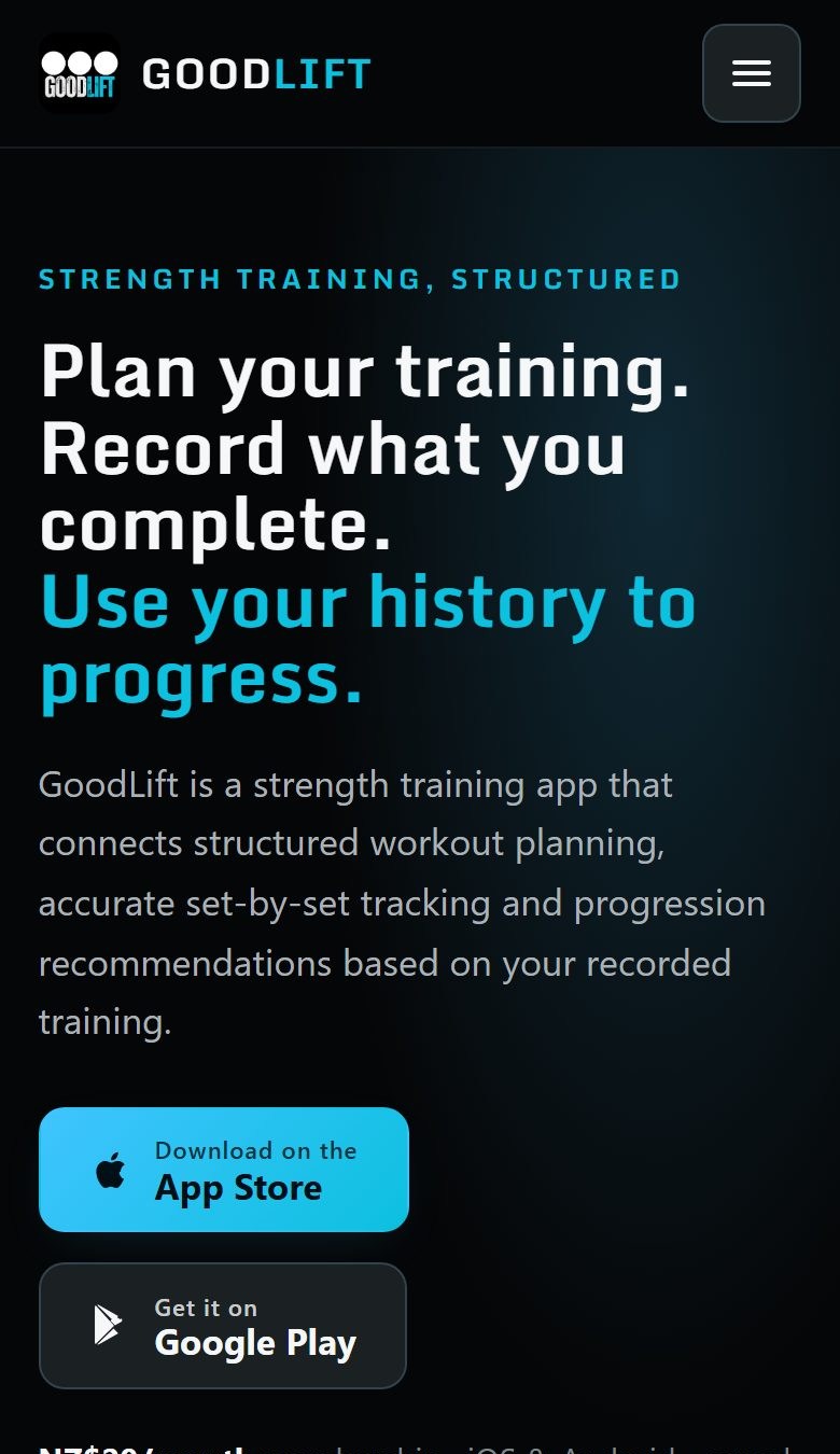Responsive mobile view of the GoodLift strength training app website