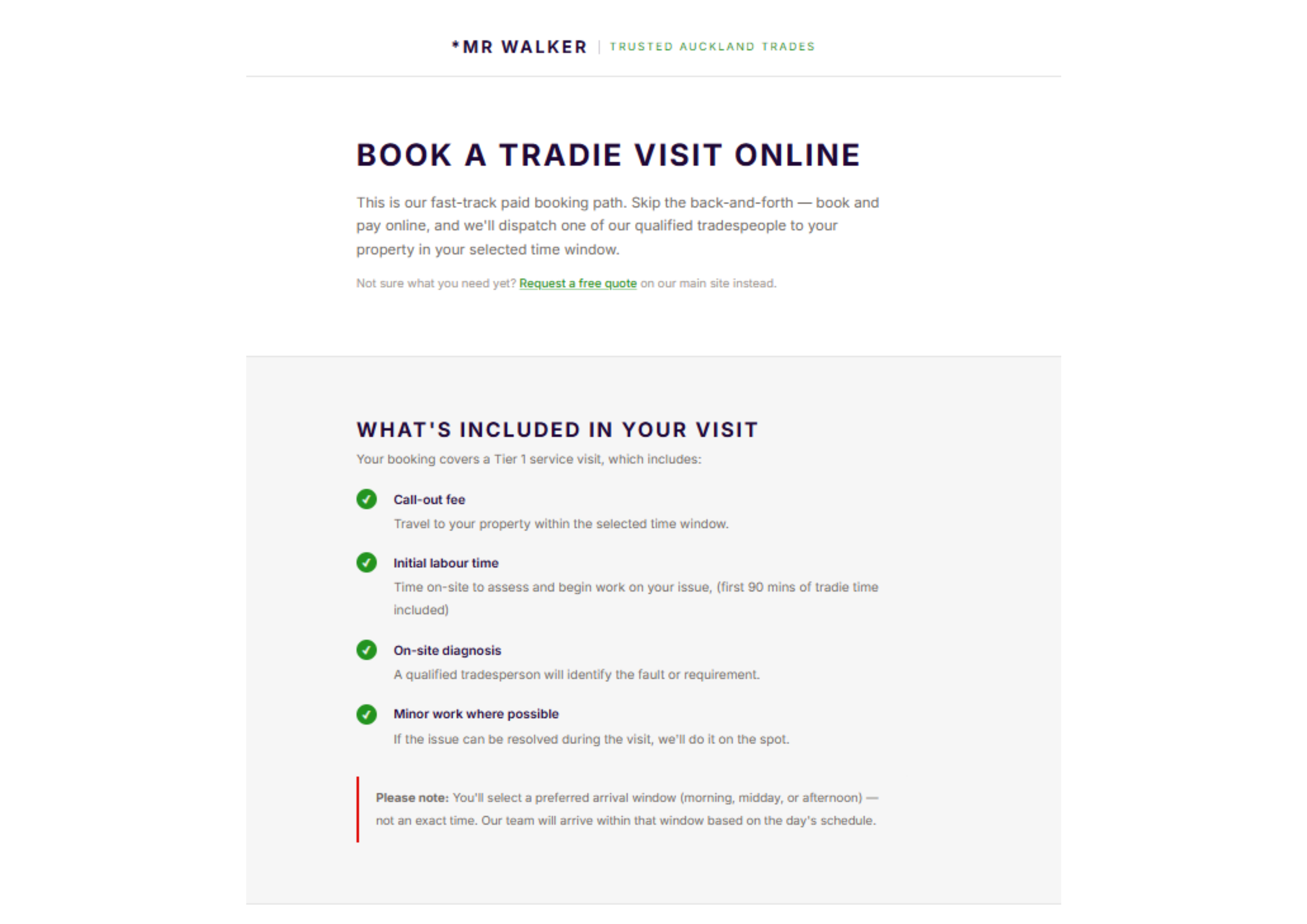 Mr Walker Trusted Auckland Trades booking page with heading 'Book a Tradie Visit Online', description of the fast-track paid path, and a list of what the service visit includes: call-out fee, initial labour time, on-site diagnosis and minor work where possible