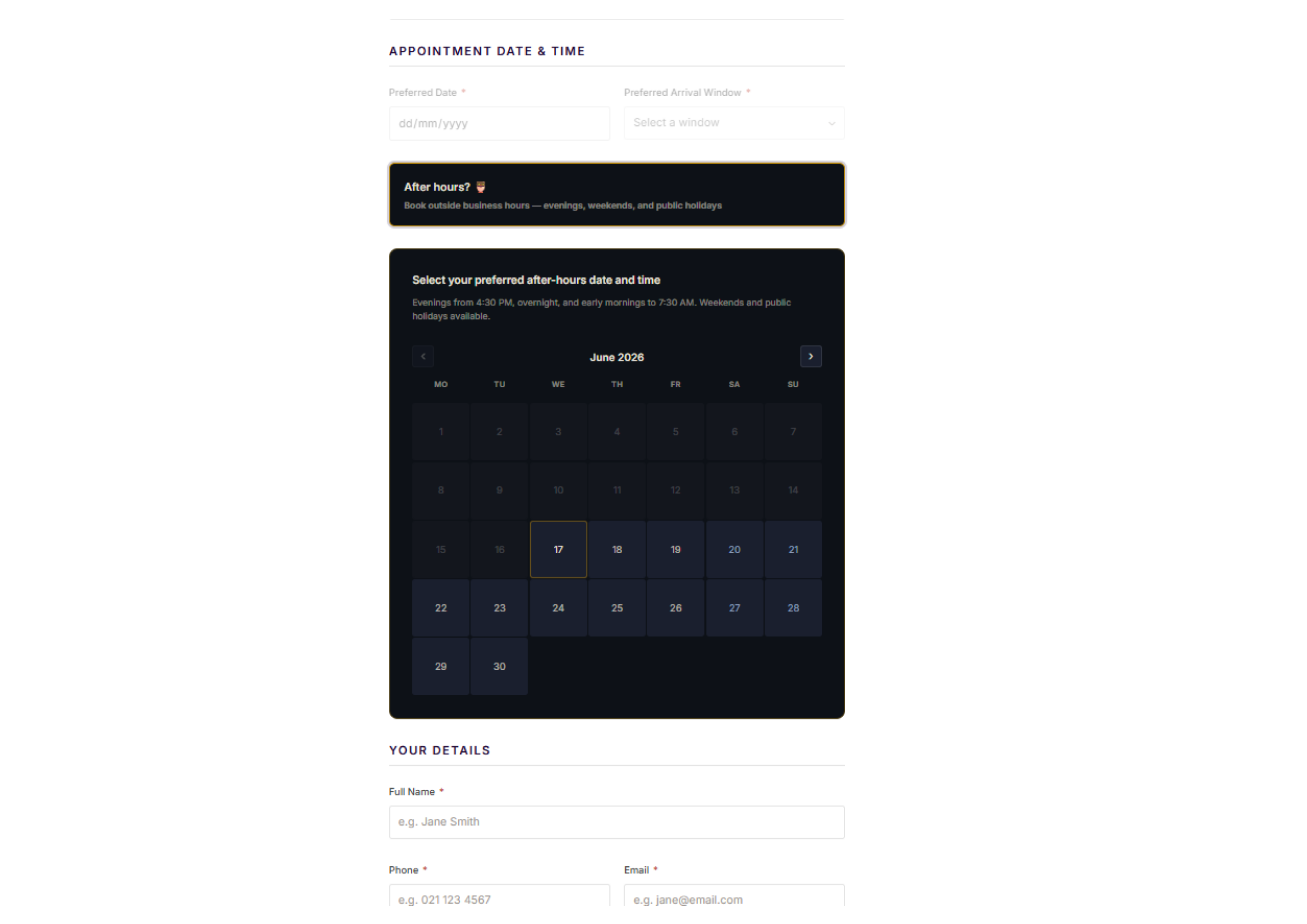 Mr Walker booking form showing appointment date and preferred arrival window fields, an after-hours booking option with a June 2026 calendar, and customer details fields for name, phone and email