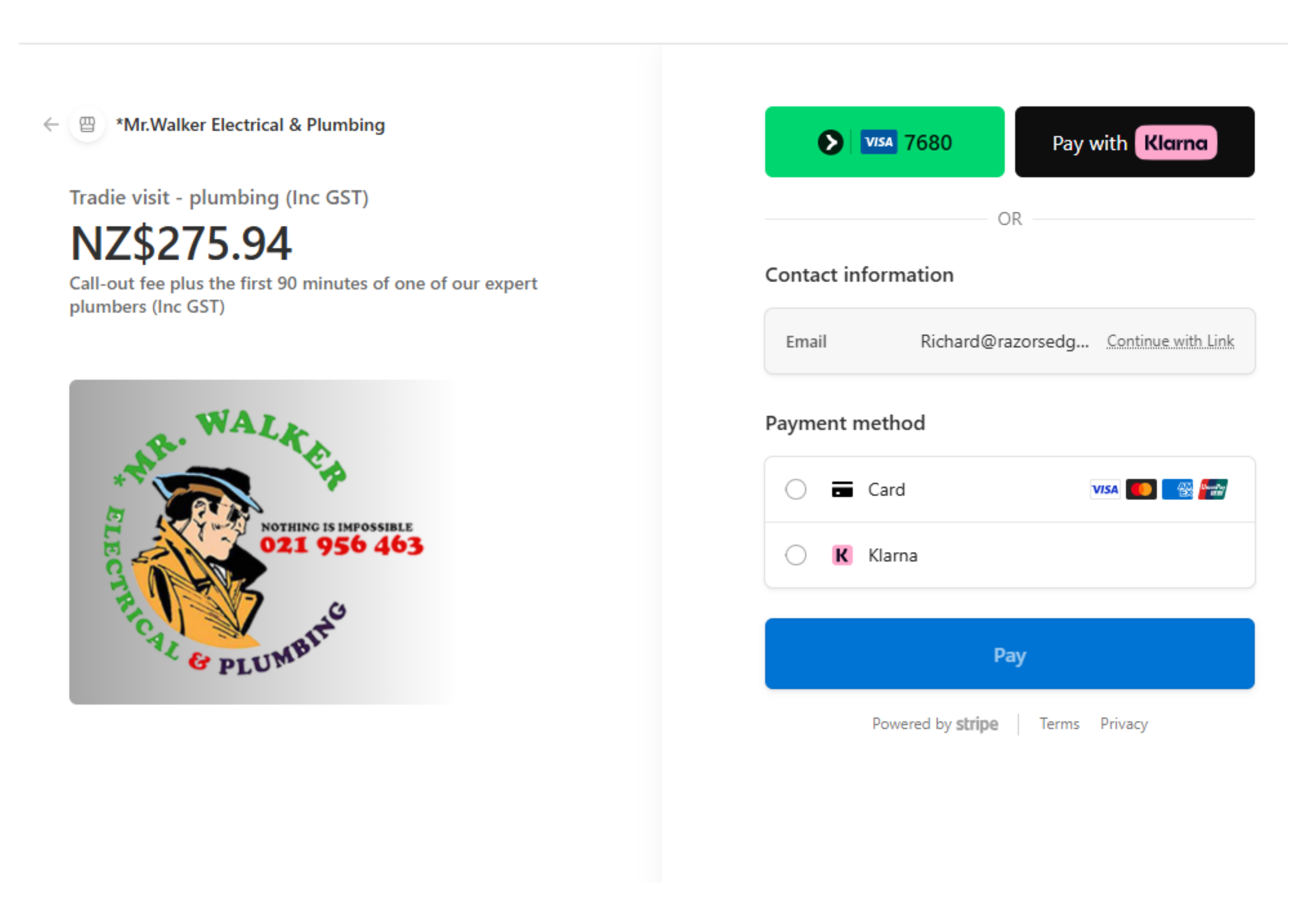 Stripe secure checkout showing a Mr Walker tradie visit — plumbing — priced at NZ$275.94 including GST, with card and Klarna payment options
