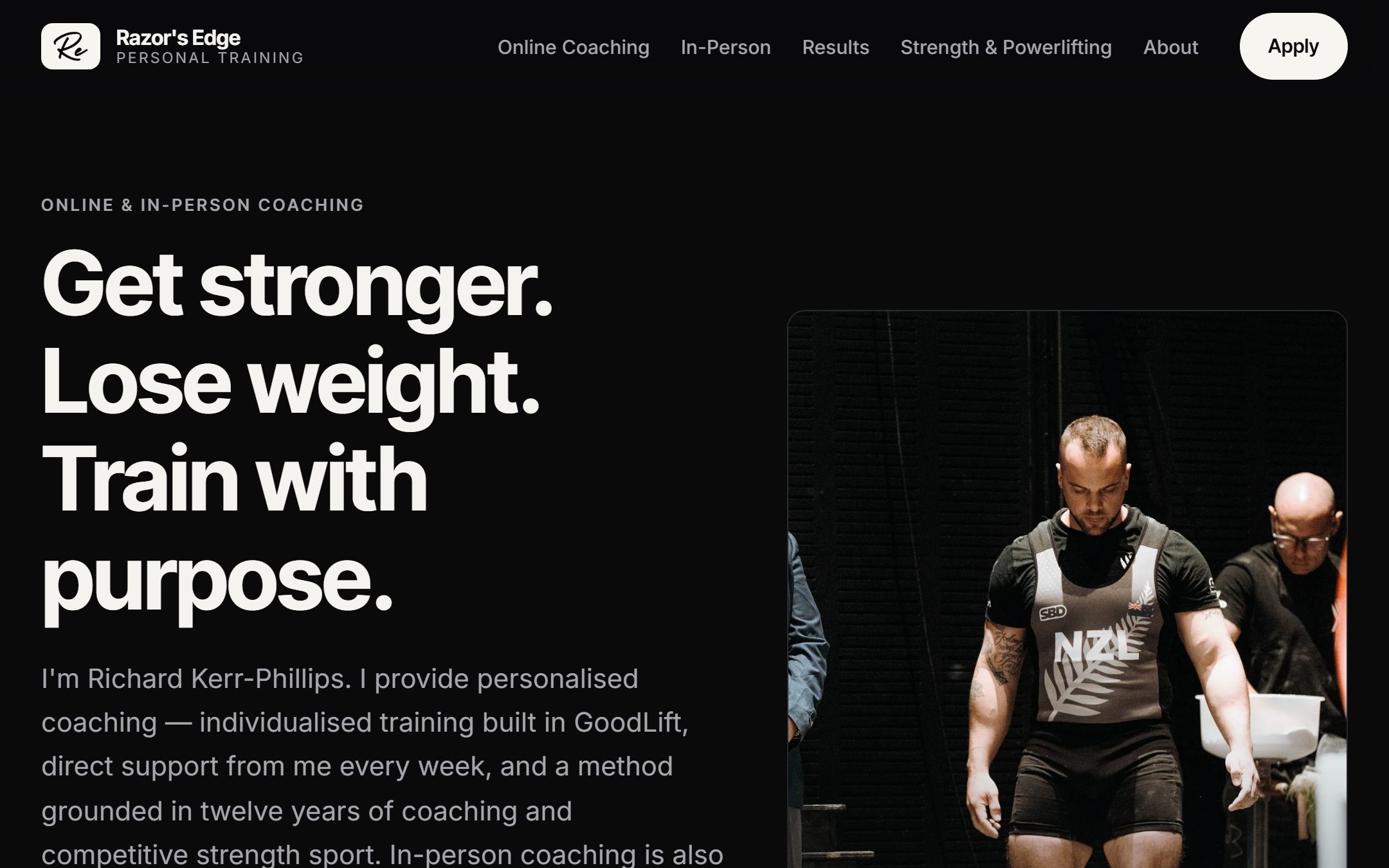 Personal training website homepage showing coaching positioning, call-to-action buttons and transformation-focused service messaging