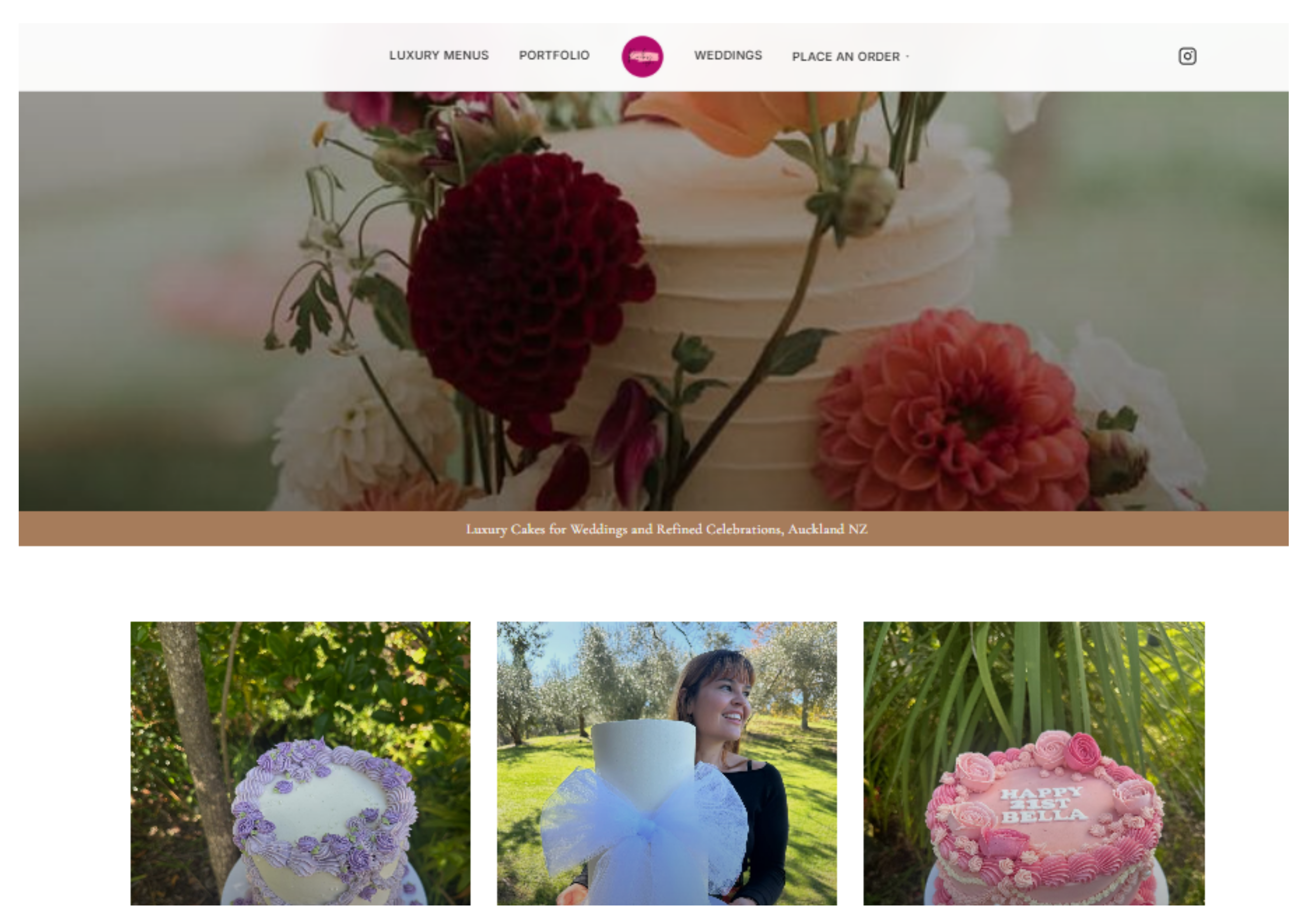 Ruby Cakes Boutique homepage showing a full-bleed hero photograph of a tiered wedding cake with floral decoration, site navigation and a gallery of celebration cakes below