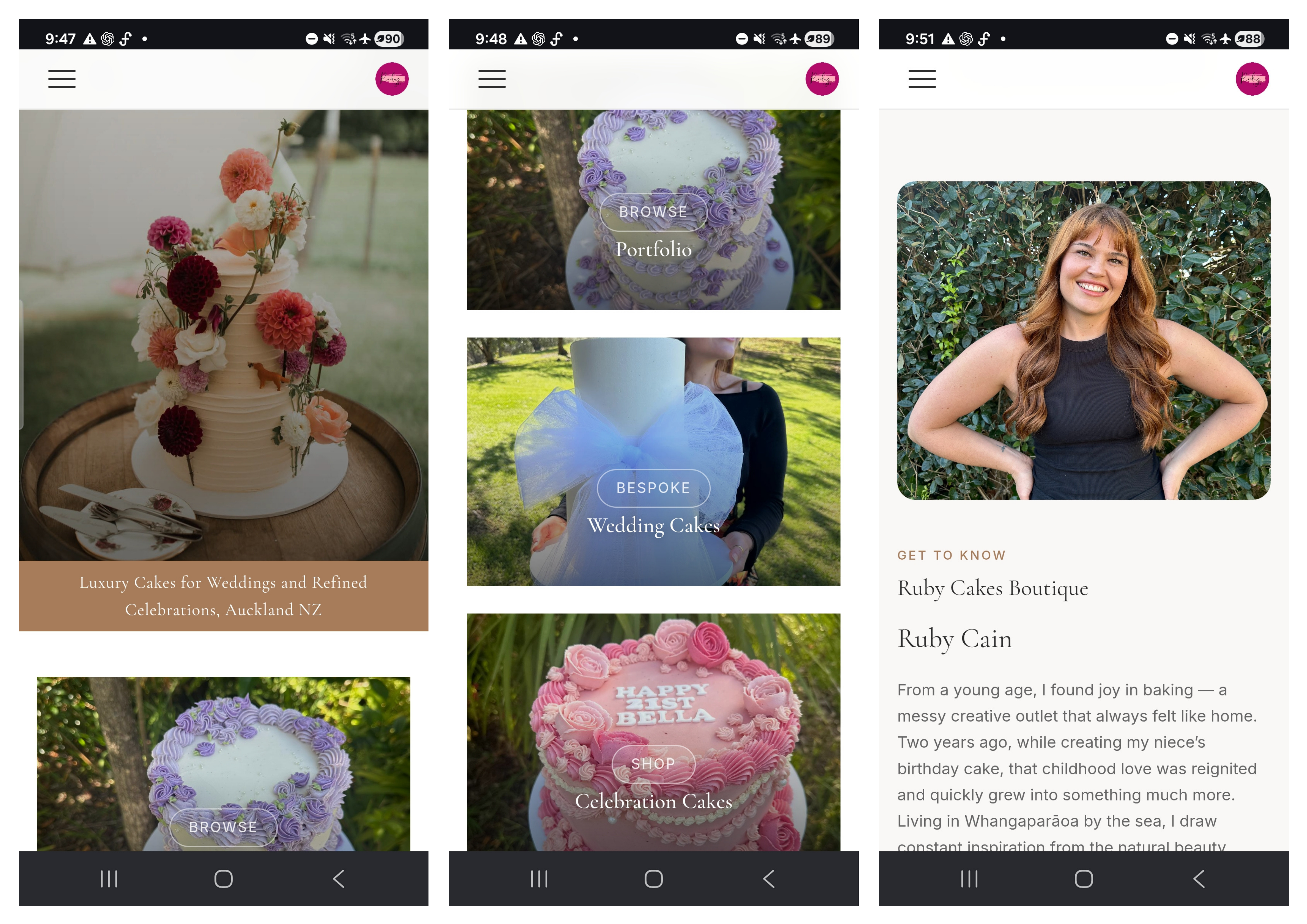 Ruby Cakes Boutique website displayed across three mobile phone screens showing the homepage hero, bespoke wedding cakes navigation, and the founder's about section