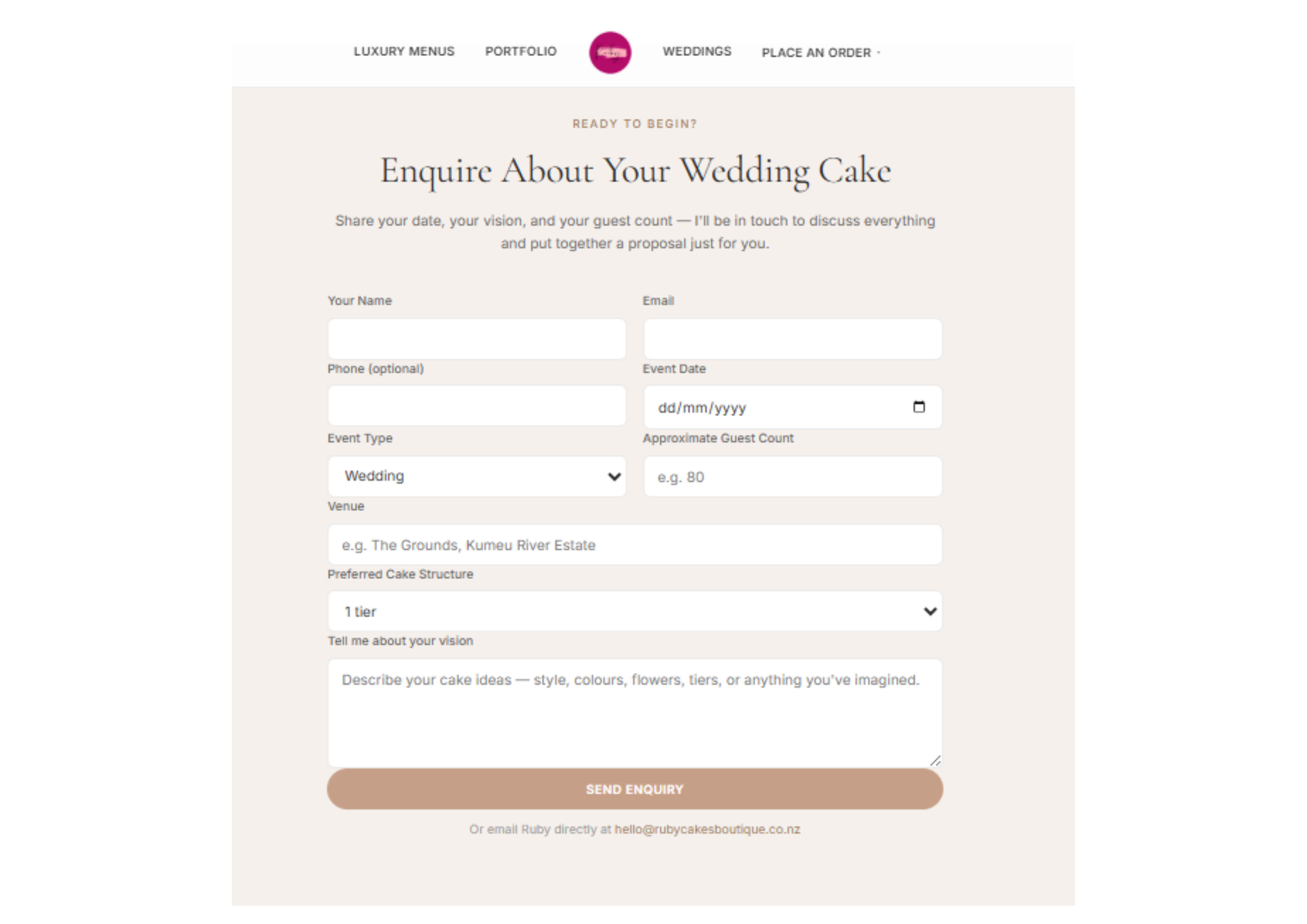 Ruby Cakes Boutique wedding cake enquiry form with fields for event date, venue, guest count, preferred cake structure and a description of the customer's vision